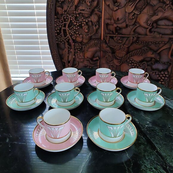 1941 Copeland Spode Custom Made Porcelain Demi-Tasse Pink Green Tea Set - Picture 8 of 16